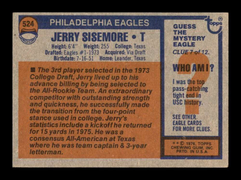 Load image into Gallery viewer, 1976 Topps Jerry Sisemore #524 Set Break Philadelphia Eagles Image 2
