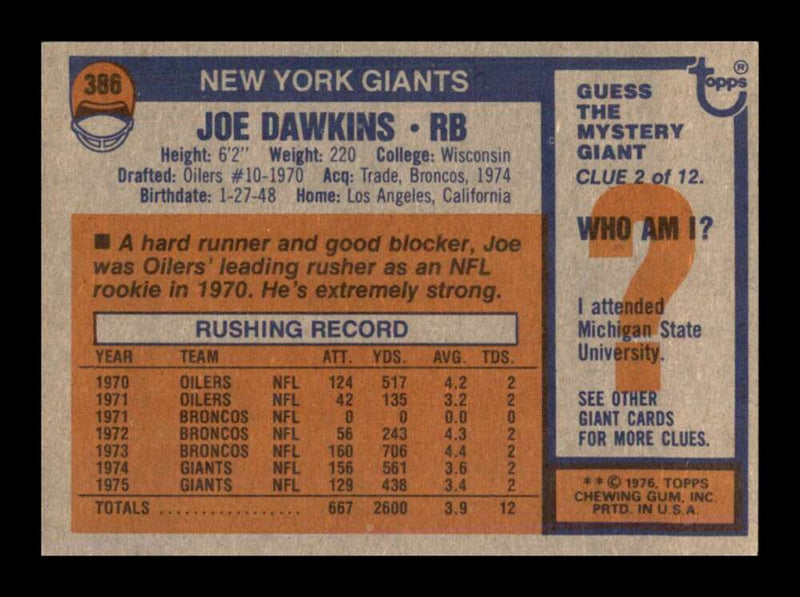 Load image into Gallery viewer, 1976 Topps Joe Dawkins #386 Set Break New York Giants Image 2
