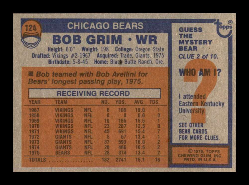 Load image into Gallery viewer, 1976 Topps Bob Grim #124 Set Break Chicago Bears Image 2
