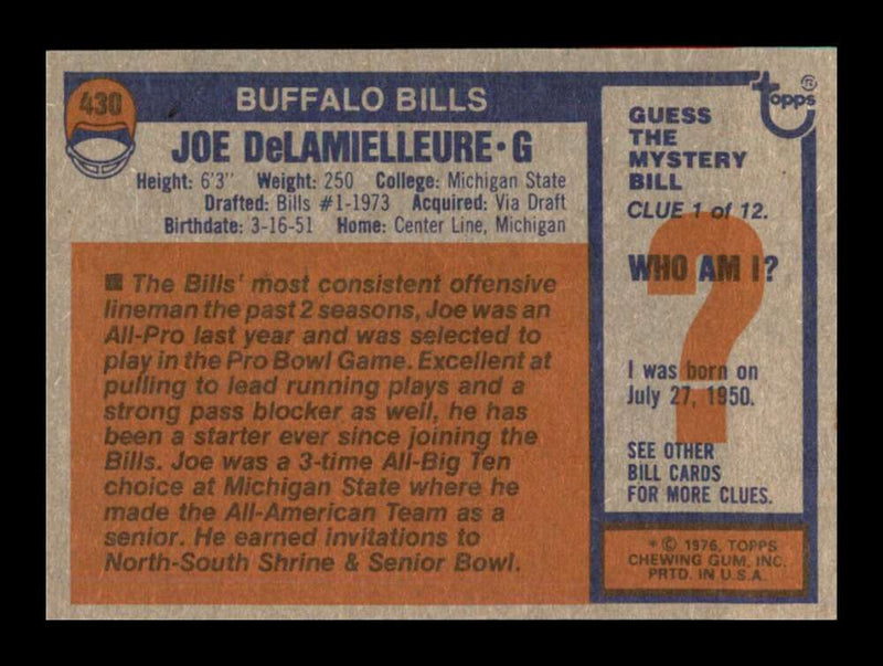 Load image into Gallery viewer, 1976 Topps Joe Delamielleure #430 Set Break Buffalo Bills Image 2
