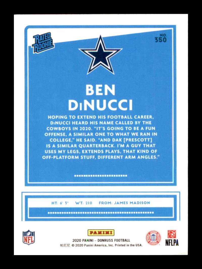 Load image into Gallery viewer, 2020 Donruss Ben DiNucci #350 Rookie RC Image 2
