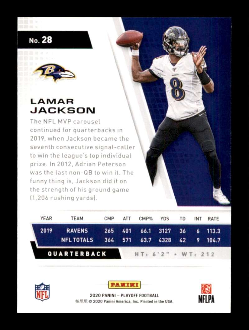 Load image into Gallery viewer, 2020 Panini Playoff Lamar Jackson #28 Image 2
