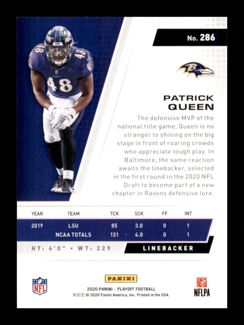 Load image into Gallery viewer, 2020 Panini Playoff Patrick Queen #286 Rookie RC Image 2
