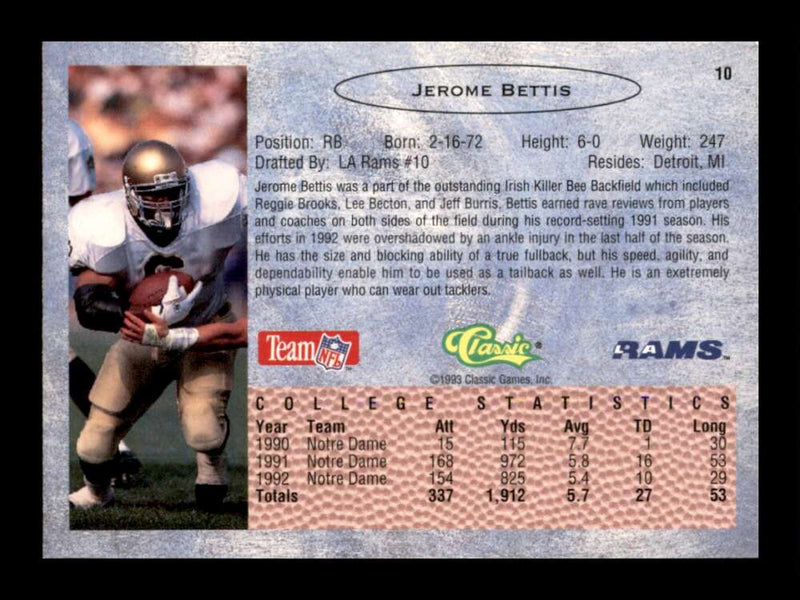 Load image into Gallery viewer, 1993 Classic Jerome Bettis #10 Rookie RC Image 2
