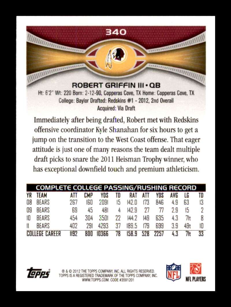 Load image into Gallery viewer, 2012 Topps Robert Griffin III #340 Rookie RC Image 2
