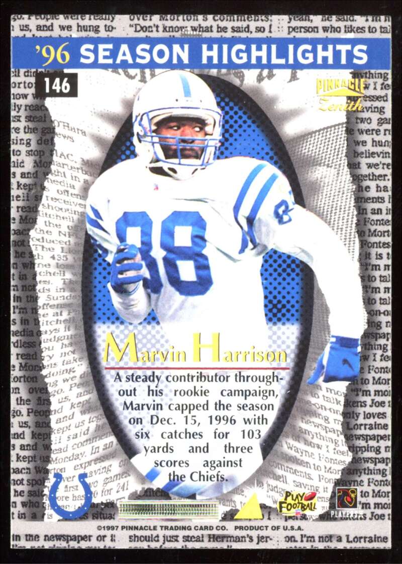 Load image into Gallery viewer, 1997 Pinnacle Zenith Marvin Harrison #146 Image 2
