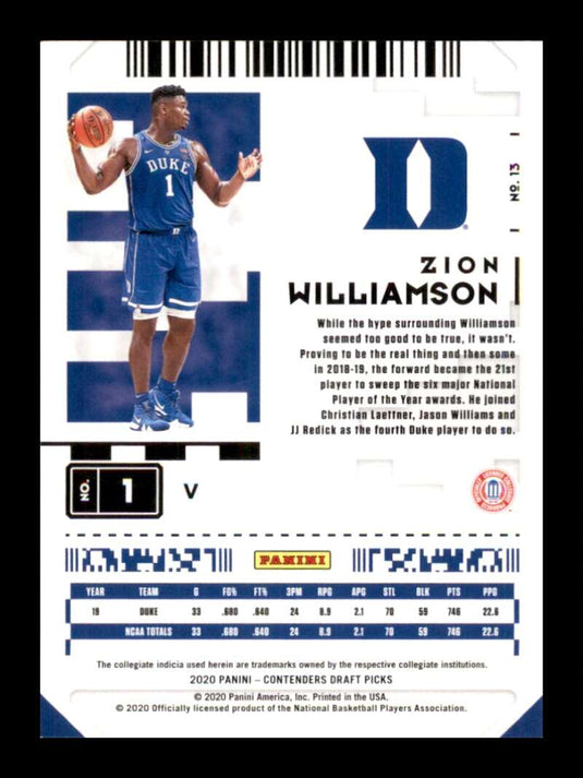 2020-21 Panini Contenders Draft Zion Williamson