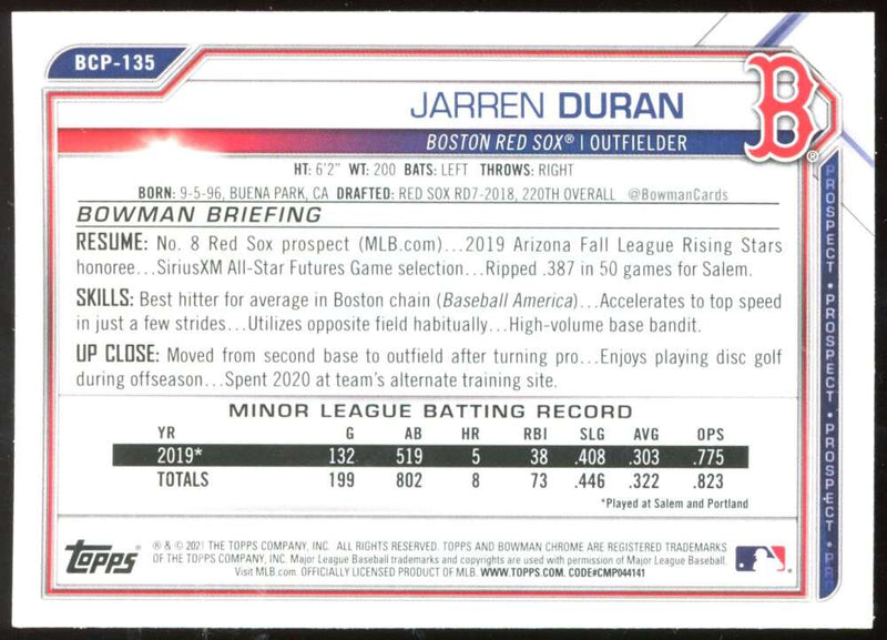 Load image into Gallery viewer, 2021 Bowman Chrome Prospects Jarren Duran #BCP-135 Rookie RC Red Sox Image 2
