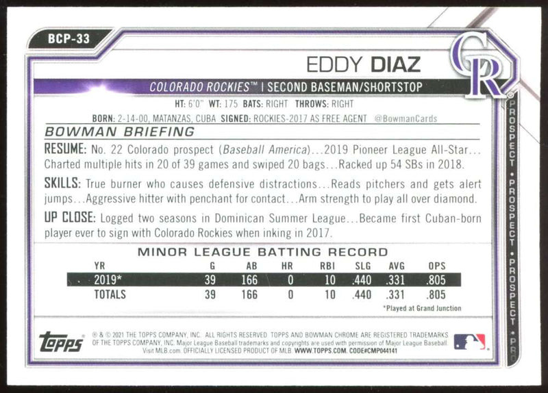 Load image into Gallery viewer, 2021 Bowman Chrome Prospects Eddy Diaz #BCP-33 Rookie RC Image 2
