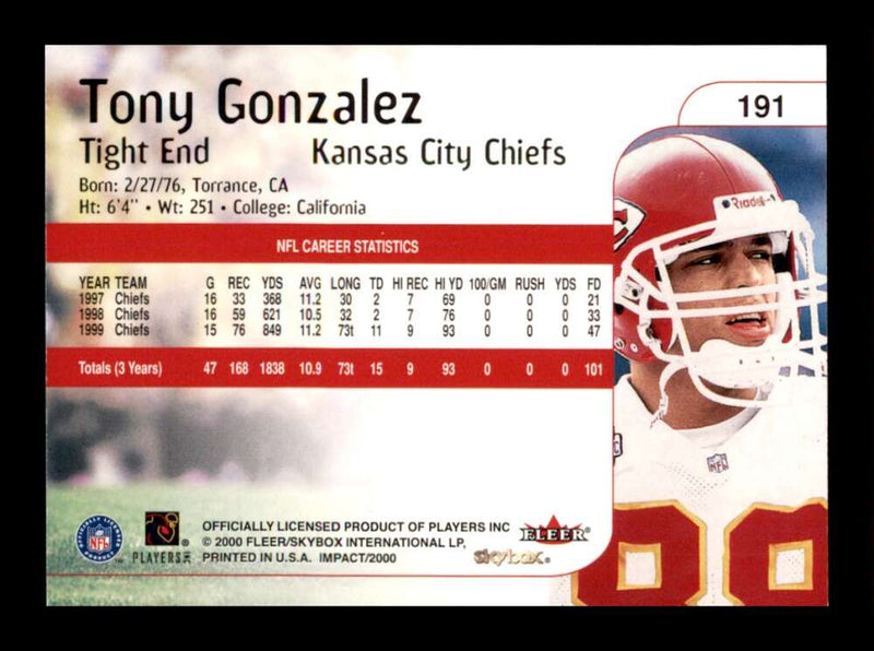 Load image into Gallery viewer, 2000 Skybox Impact Tony Gonzalez #191 Image 2
