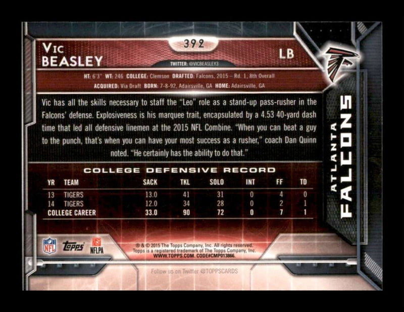 Load image into Gallery viewer, 2015 Topps Vic Beasley #392 Rookie RC Image 2
