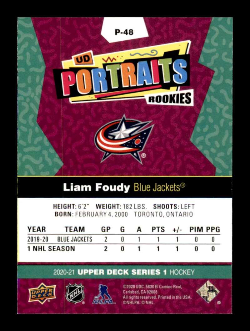 Load image into Gallery viewer, 2020-21 Upper Deck UD Portraits Liam Foudy #P-48 Rookie RC Image 2
