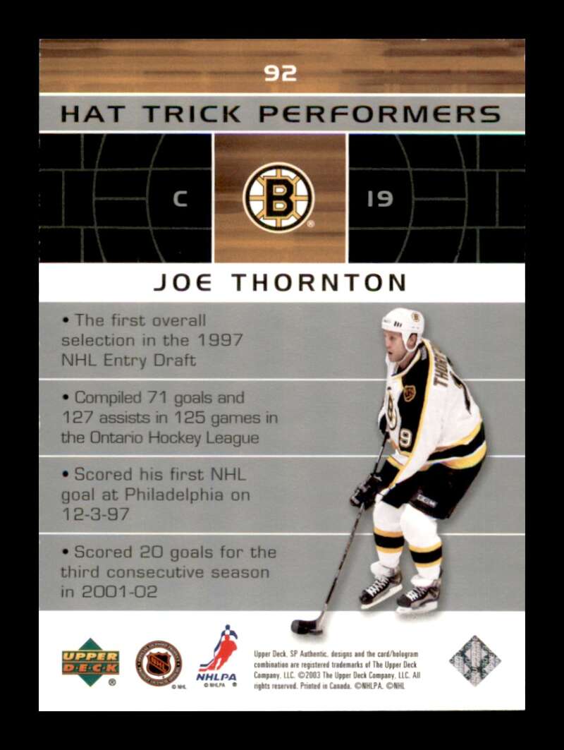 Load image into Gallery viewer, 2002-03 SP Authentic Hat Trick Performers Joe Thornton #92 SP /1499 Image 2
