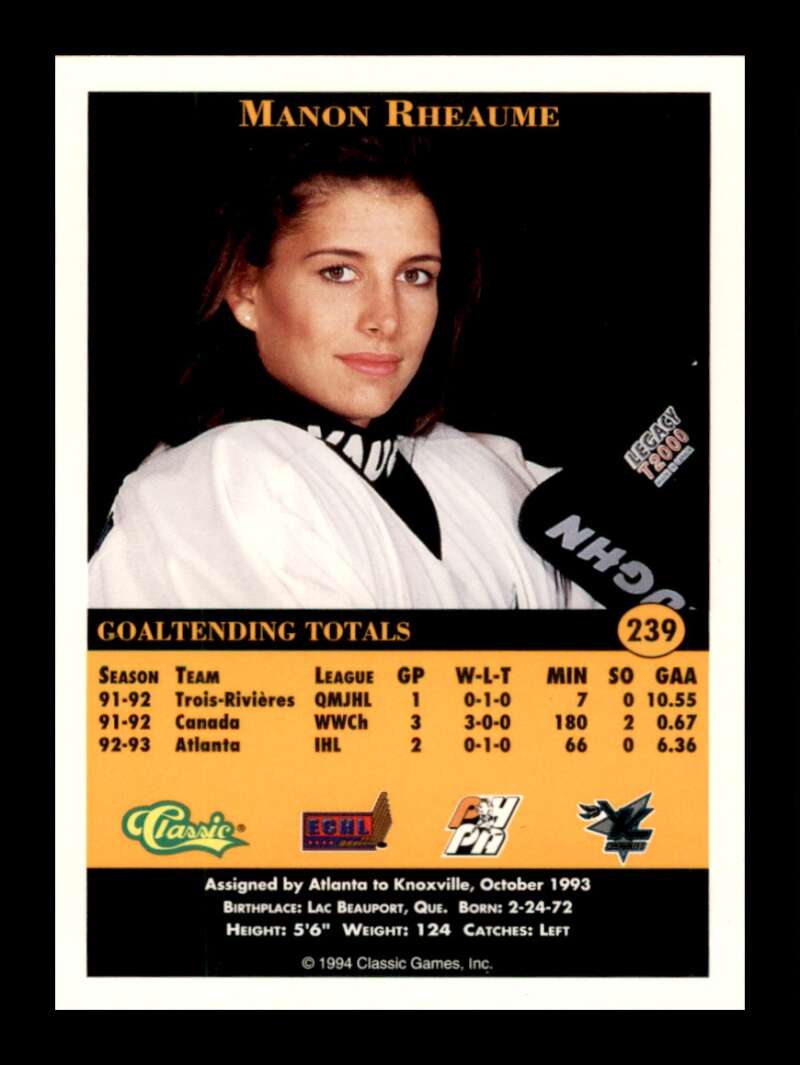 Load image into Gallery viewer, 1994-95 Classic Pro Prospects Manon Rheaume #239 Rookie RC Image 2
