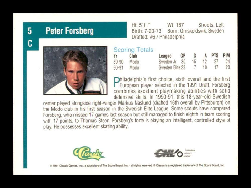 Load image into Gallery viewer, 1991-92 Classic Draft Picks Peter Forsberg #5 Rookie RC Image 2
