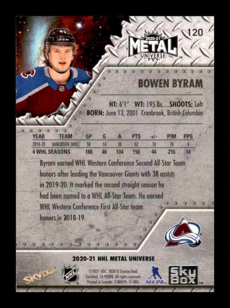 Load image into Gallery viewer, 2020-21 Skybox Metal Universe Blue Spectrum Bowen Byram #120 Rookie RC Image 2
