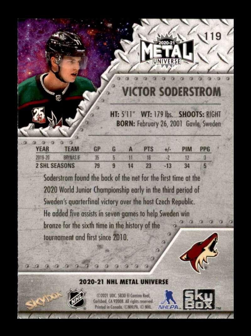 Load image into Gallery viewer, 2020-21 Skybox Metal Universe Blue Spectrum Victor Soderstrom #119 Rookie RC Image 2
