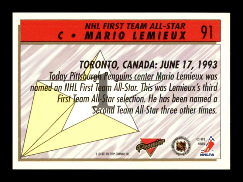 Load image into Gallery viewer, 1993-94 Topps Premier Mario Lemieux #91 Image 2
