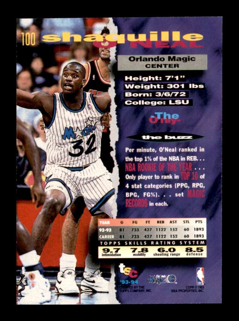 Load image into Gallery viewer, 1993-94 Topps Stadium Club Shaquille O&#39;Neal #100 Image 2
