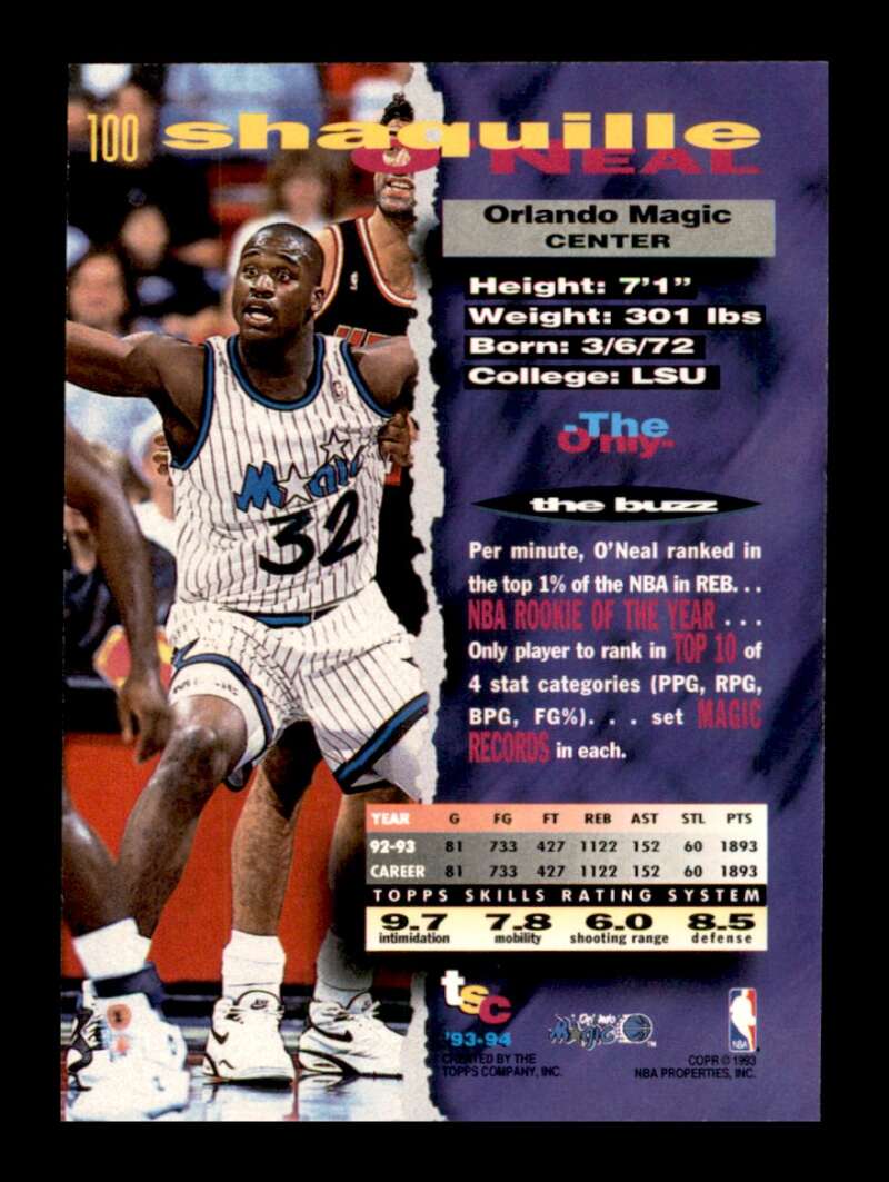 Load image into Gallery viewer, 1993-94 Topps Stadium Club Shaquille O&#39;Neal #100 Image 2
