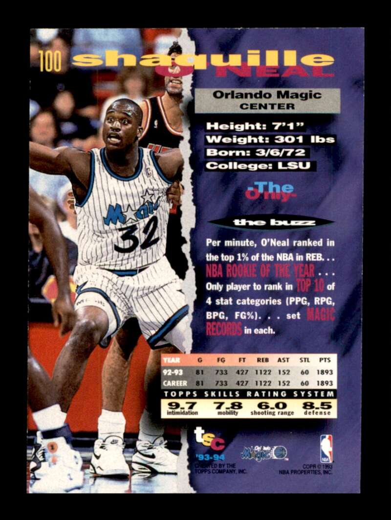 Load image into Gallery viewer, 1993-94 Topps Stadium Club Shaquille O&#39;Neal #100 Image 2
