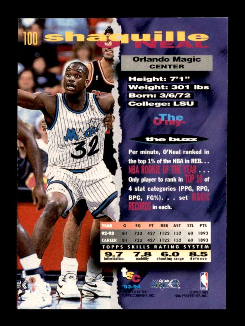 Load image into Gallery viewer, 1993-94 Topps Stadium Club Shaquille O&#39;Neal #100 Image 2
