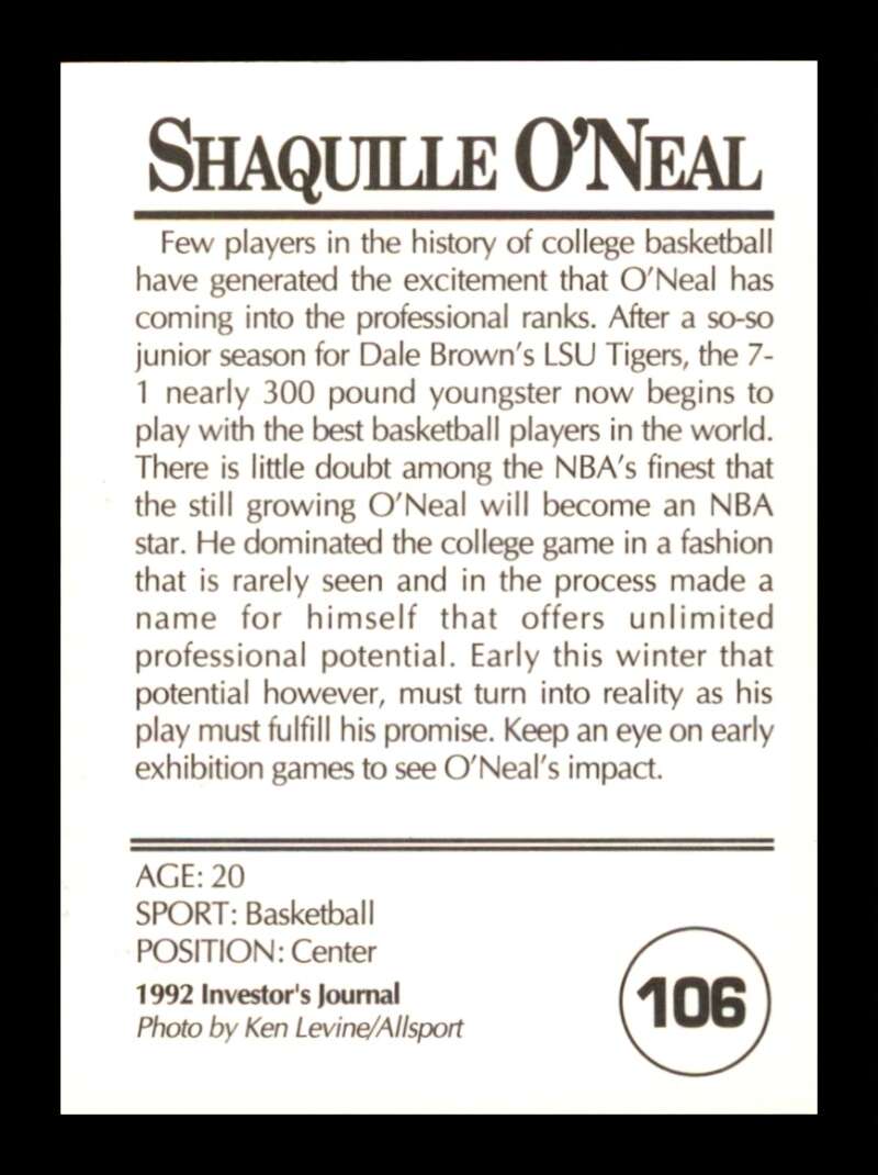 Load image into Gallery viewer, 1992 Investors Journal Gold Shaquille O&#39;Neal #106 Image 2
