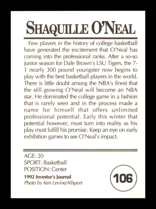 1992 Investors Journal Gold Shaquille O'Neal