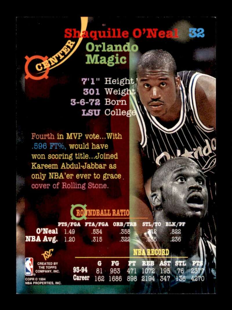 Load image into Gallery viewer, 1994-95 Topps Stadium Club Shaquille O&#39;Neal #32 Image 2
