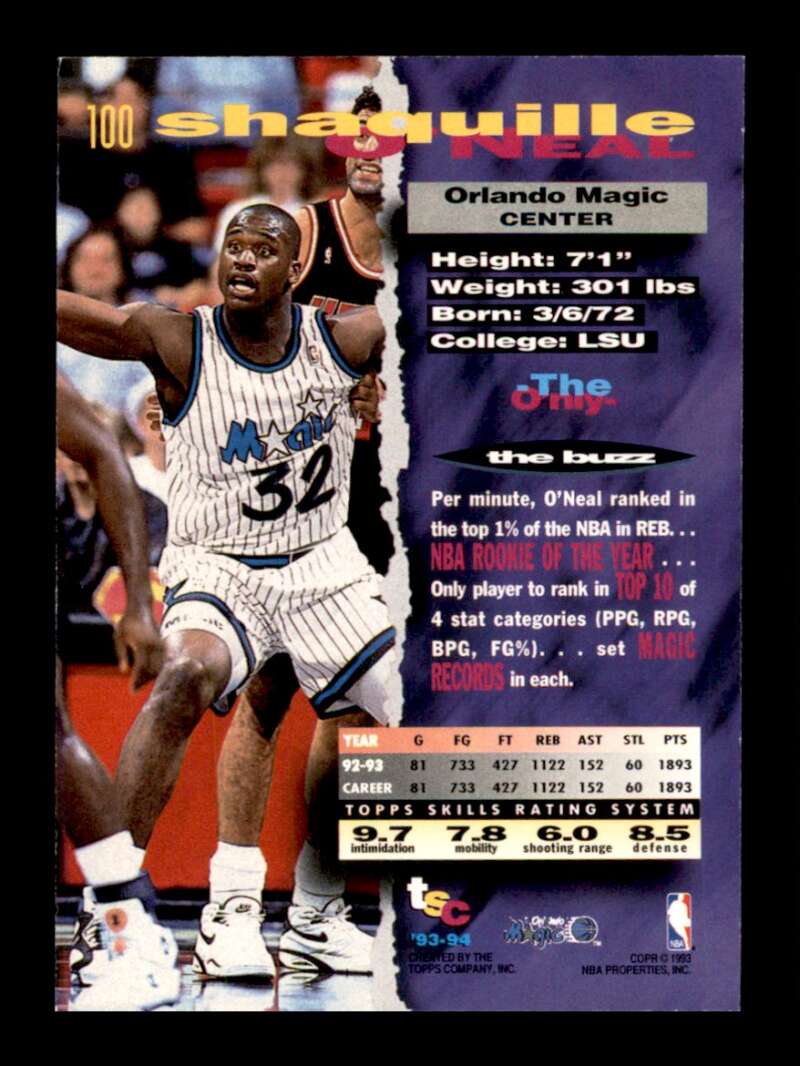 Load image into Gallery viewer, 1993-94 Topps Stadium Club Shaquille O&#39;Neal #100 Image 2
