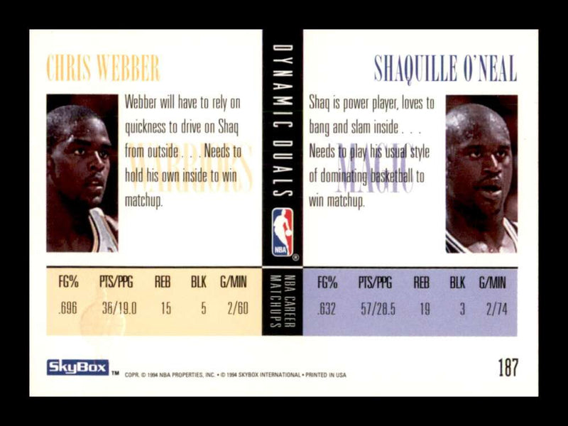 Load image into Gallery viewer, 1994-95 SkyBox Dynamic Duals Shaquille O&#39;Neal Chris Webber #187 Image 2
