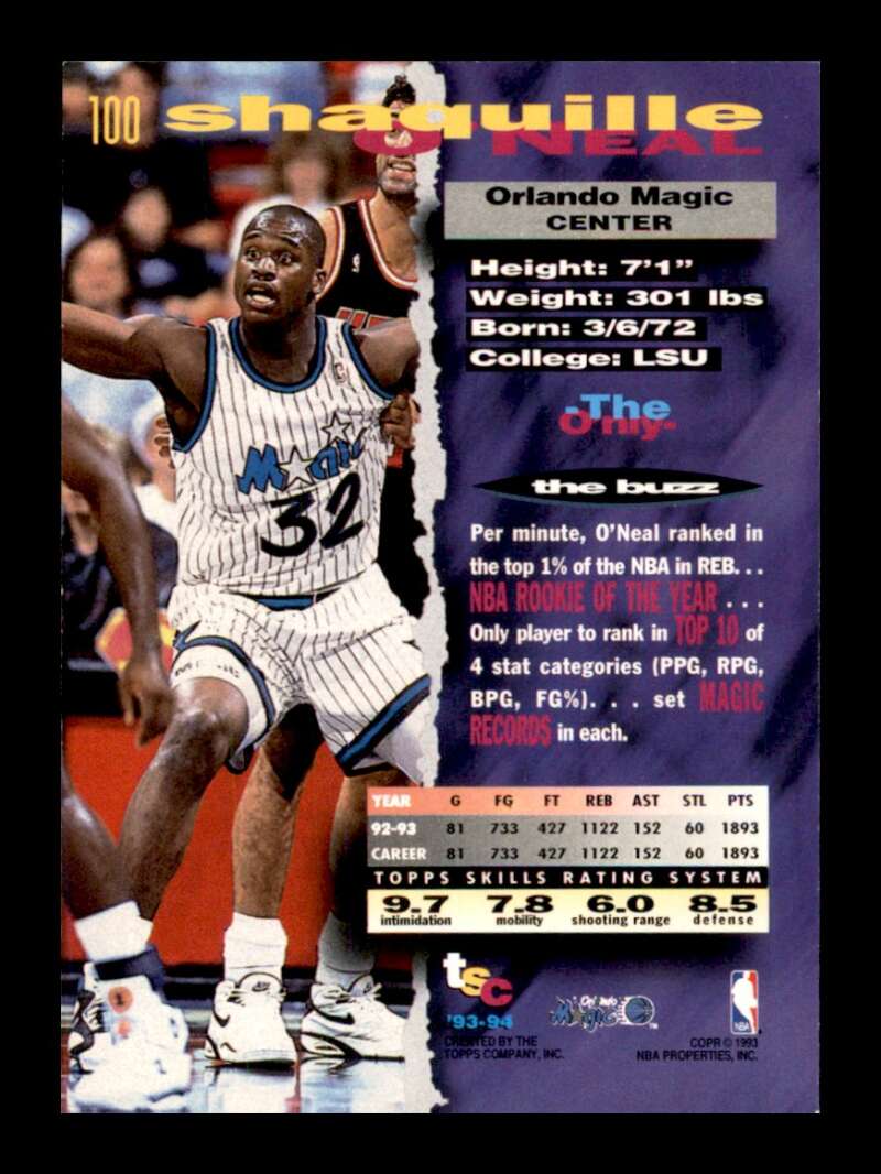 Load image into Gallery viewer, 1993-94 Topps Stadium Club Shaquille O&#39;Neal #100 Image 2
