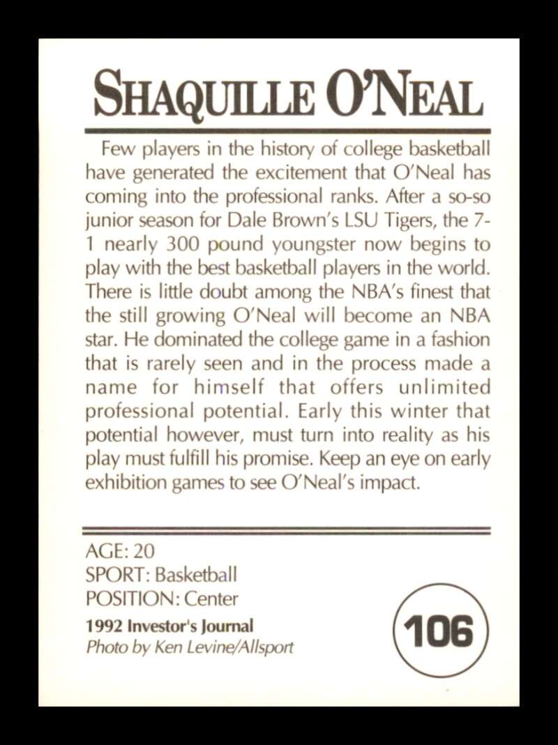 Load image into Gallery viewer, 1992 Investors Journal Gold Shaquille O&#39;Neal #106 Image 2
