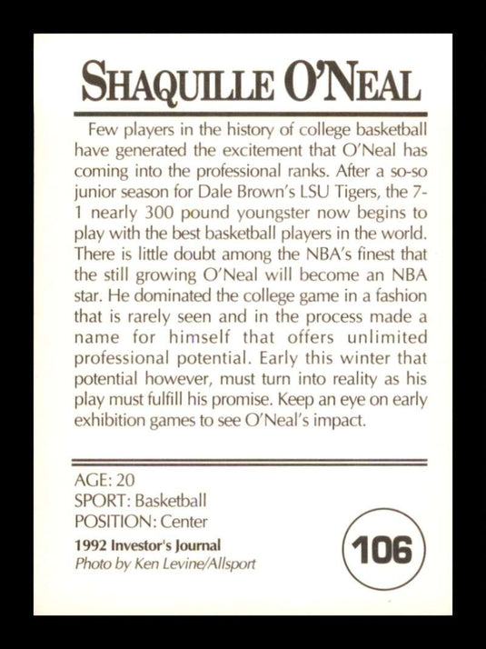 1992 Investors Journal Gold Shaquille O'Neal