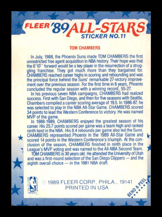 1989-90 Fleer All Star Sticker Tom Chambers 