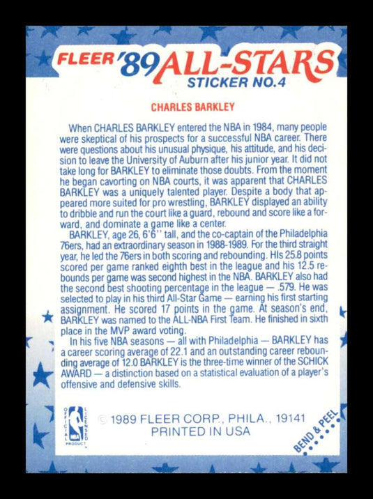 1989-90 Fleer All Star Sticker Charles Barkley 