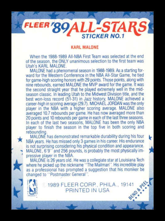 1989-90 Fleer All Star Sticker Karl Malone