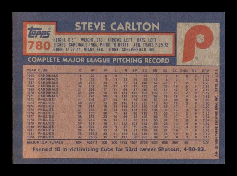 Load image into Gallery viewer, 1984 Topps Steve Carlton #780 Philadelphia Phillies Image 2
