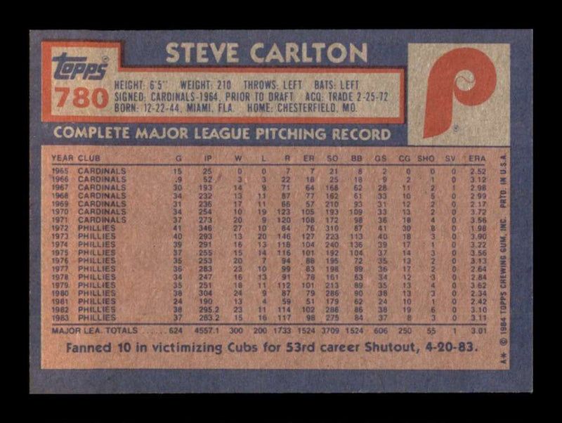 Load image into Gallery viewer, 1984 Topps Steve Carlton #780 Philadelphia Phillies Image 2
