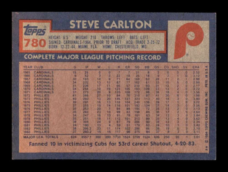 Load image into Gallery viewer, 1984 Topps Steve Carlton #780 Philadelphia Phillies Image 2
