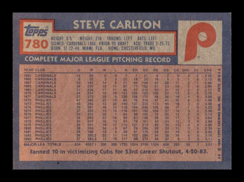 Load image into Gallery viewer, 1984 Topps Steve Carlton #780 Philadelphia Phillies Image 2
