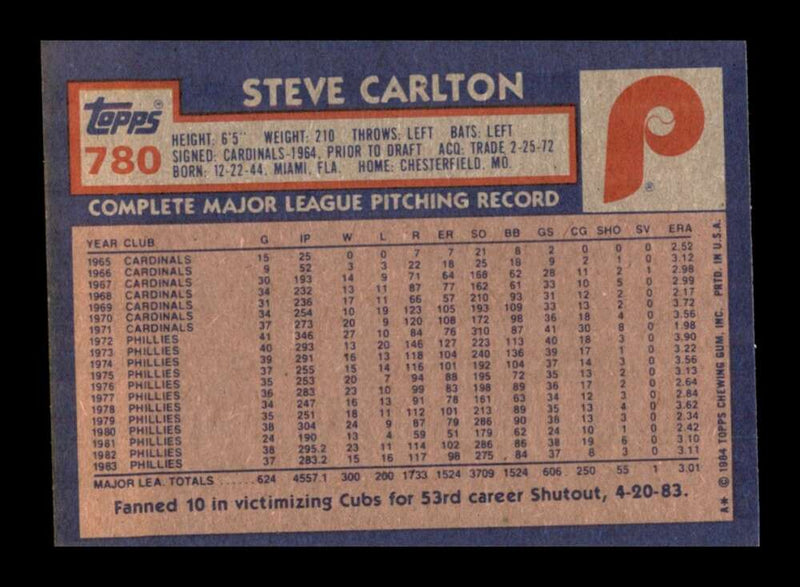 Load image into Gallery viewer, 1984 Topps Steve Carlton #780 Philadelphia Phillies Image 2
