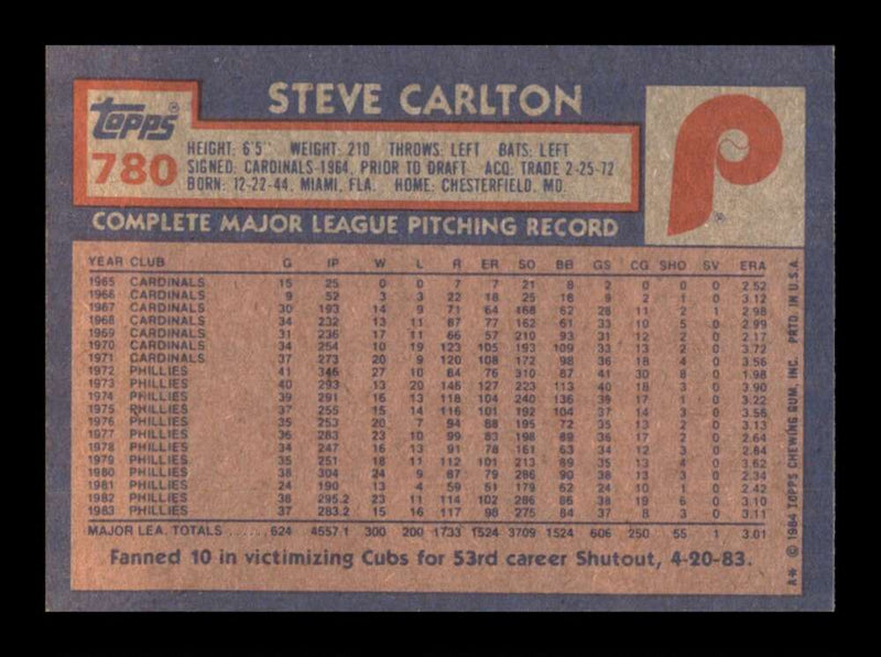 Load image into Gallery viewer, 1984 Topps Steve Carlton #780 Philadelphia Phillies Image 2
