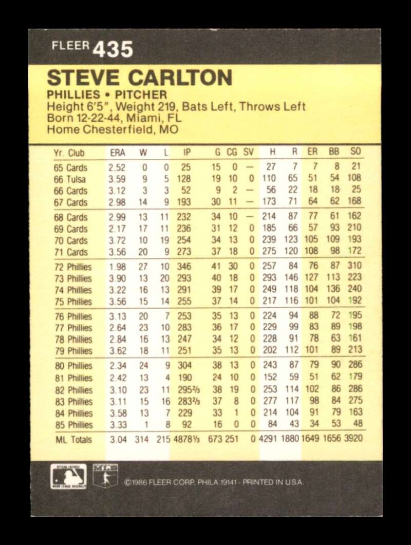 Load image into Gallery viewer, 1986 Fleer Steve Carlton #435 Philadelphia Phillies Image 2
