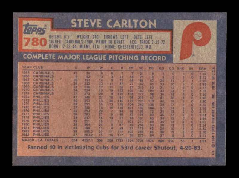 Load image into Gallery viewer, 1984 Topps Steve Carlton #780 Philadelphia Phillies Image 2
