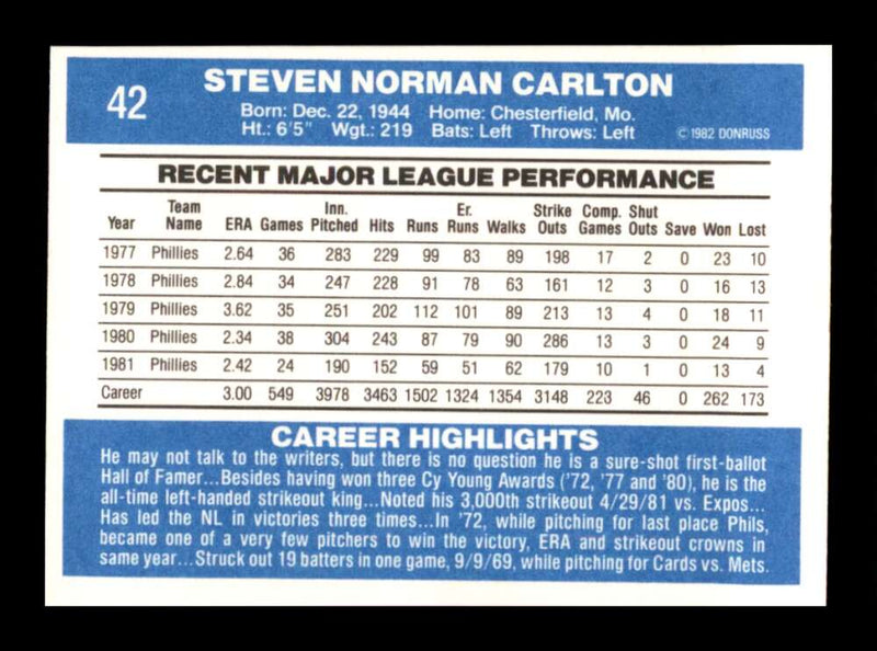 Load image into Gallery viewer, 1982 Donruss Steve Carlton #42 Philadelphia Phillies Image 2
