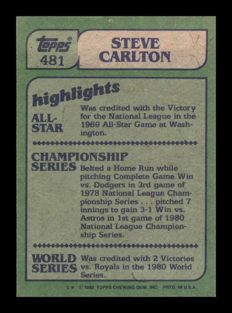 Load image into Gallery viewer, 1982 Topps Steve Carlton #481 Philadelphia Phillies Image 2
