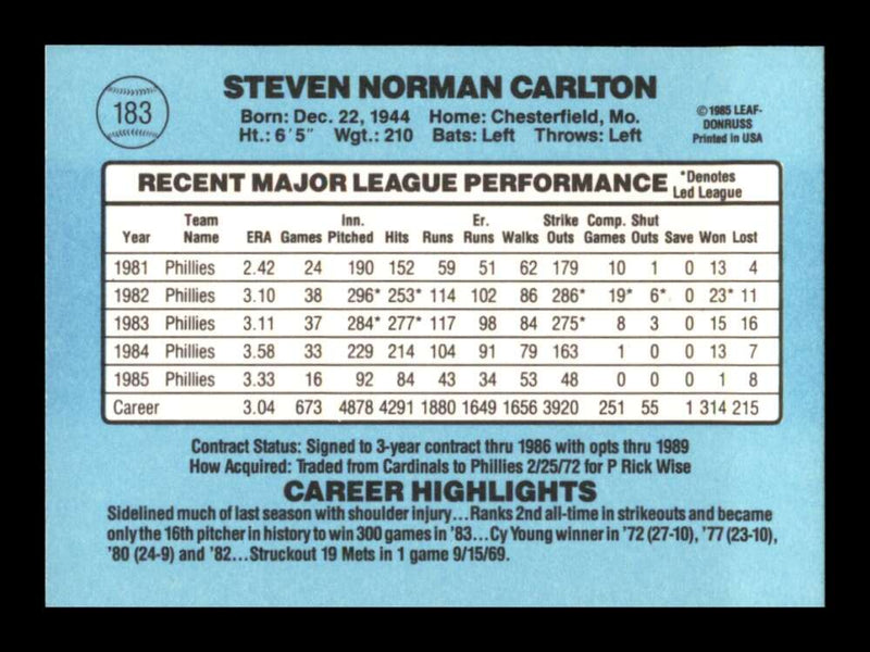 Load image into Gallery viewer, 1986 Donruss Steve Carlton #183 Philadelphia Phillies Image 2
