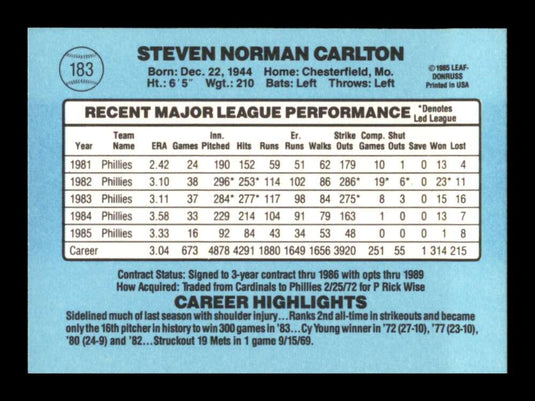 1986 Donruss Steve Carlton