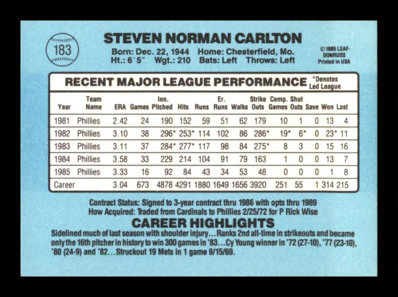 Load image into Gallery viewer, 1986 Donruss Steve Carlton #183 Philadelphia Phillies Image 2
